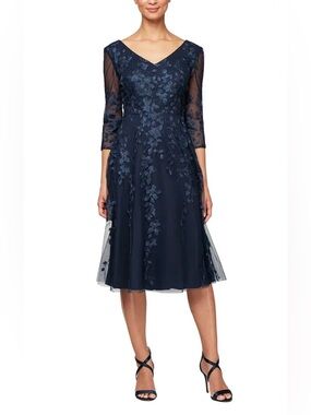 NWT Alex Evenings Lace Floral A Line Dress Navy Blue 16P Mother Of Bride Formal